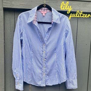 Lily Pulitzer Baby Blue And White Oxford Button Up Top